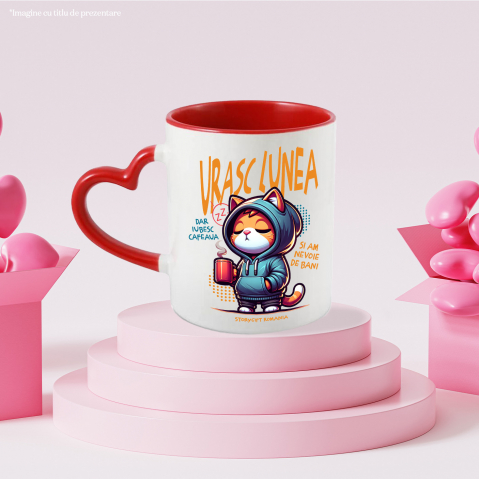 Cana Pisica cu Hanorac Si Cana De Cafea  Text Haios Urasc Lunea Dra Iubesc Cafeaua, 330ml, Ceramica cu Maner Inima Rosie [2]