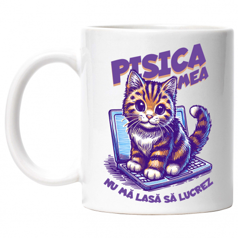 Maner Alb - Cana Pisica pe laptop, text Pisica nu ma lasa lucrez, 330ml, Ceramic cu Maner Alb
