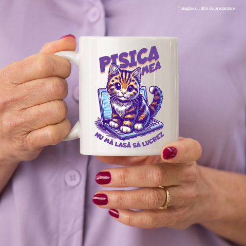 Cana Pisica pe laptop, text Pisica nu ma lasa lucrez, 330ml, Ceramic cu Maner Alb [1]