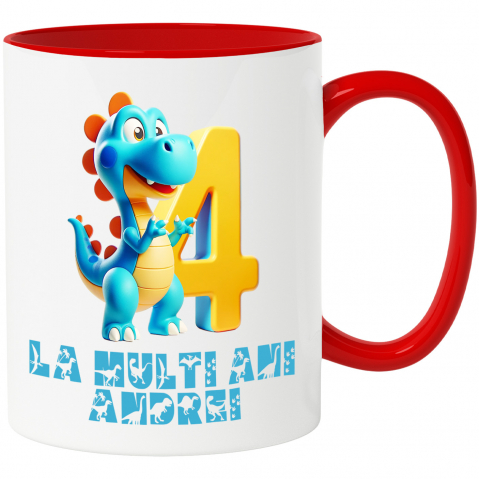 Cani Personalizate - Cana Portret Dragon Albastru, Zi Aniversara, Copii, Nume Personalizat, Cifra 4 cu Maner si Interior Rosu