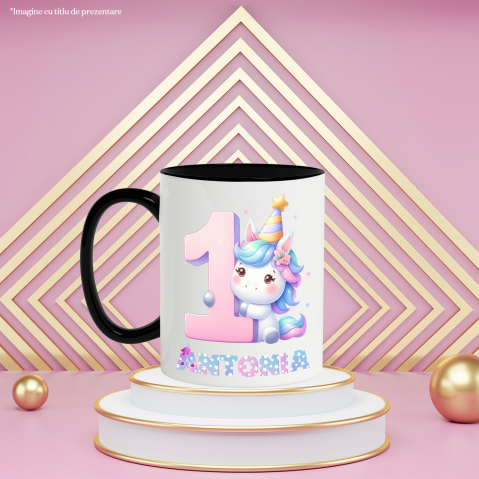 Cana Portret Unicorn Roz, Zi Aniversara, Printesa, Copii, Nume Personalizat, Cifra 1 cu Maner si Interior Negru [2]