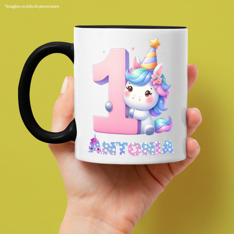 Cana Portret Unicorn Roz, Zi Aniversara, Printesa, Copii, Nume Personalizat, Cifra 1 cu Maner si Interior Negru [1]