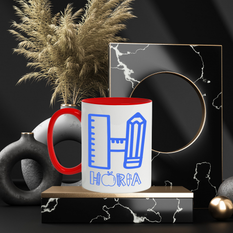 Cana Profesor Scoala, Creion, mar, Text Nume Personalizat, Copii, Culoare Albastru, Cu Litera, 330ML, Ceramica, Cu Maner si Interior Rosu [2]