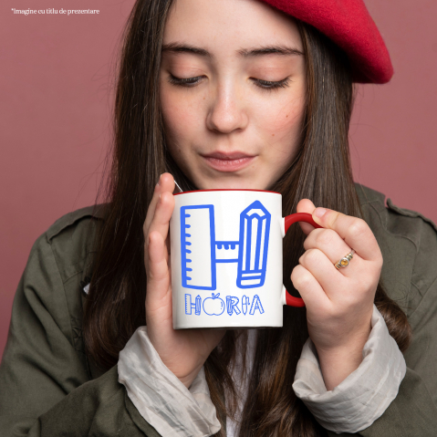 Cana Profesor Scoala, Creion, mar, Text Nume Personalizat, Copii, Culoare Albastru, Cu Litera, 330ML, Ceramica, Cu Maner si Interior Rosu [1]