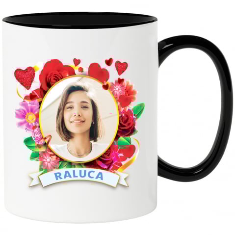 Cana Rama Rotunda, Buchet De flori Colorate,Valentine's Day cu Maner si Interior Negru Cani Personalizate - Cana Rama Rotunda, Buchet De flori Colorate,Valentine's Day cu Maner si Interior Negru