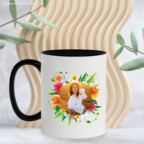 Cana Rama Rotunda, Fata lan De Grau Buchet De flori Colorate, Ziua Femeii cu Maner si Interior Negru [2]