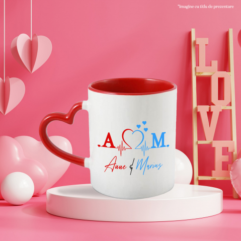 Cana Ritm Cardiac, valentine's day, text Nume Personalizat, Cuplu Indragostit, Cu Litera, 330ML, Ceramica, Cu Maner Inima Rosie si Interior Rosu [2]