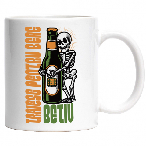 Maner Alb - Cana Schelete si sticla de bere Text Haios Traieste Pentru Bere, 330ml, Ceramic cu Maner Alb