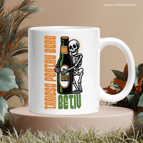Cana Schelete si sticla de bere Text Haios Traieste Pentru Bere, 330ml, Ceramic cu Maner Alb [2]