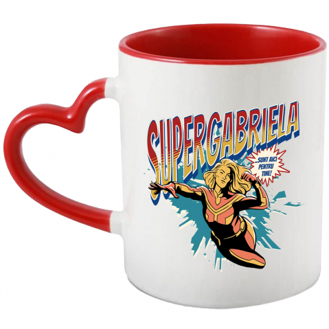 Maner Inima Rosie - Cana Super Gabriela, SuperErou Sunt Aici Pentru Tine, 330ml, Ceramica cu Maner Inima Rosie