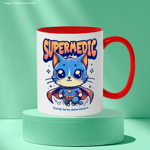 Cana Super Medic, SuperErou, Pisica Zburand, 330ml, Ceramic cu Maner Rosu [2]