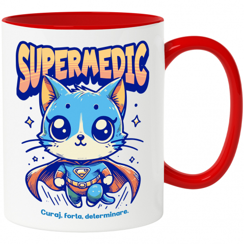 Maner Rosu - Cana Super Medic, SuperErou, Pisica Zburand, 330ml, Ceramic cu Maner Rosu