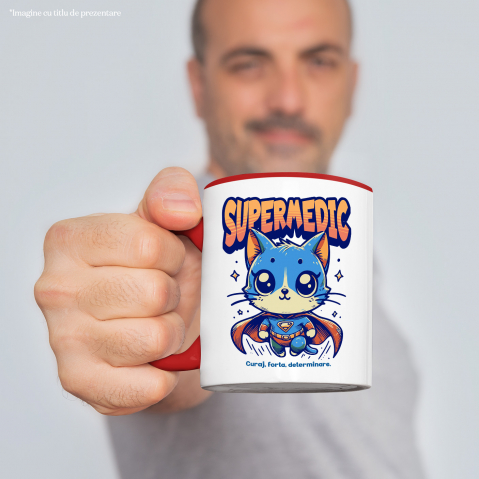 Cana Super Medic, SuperErou, Pisica Zburand, 330ml, Ceramic cu Maner Rosu [1]