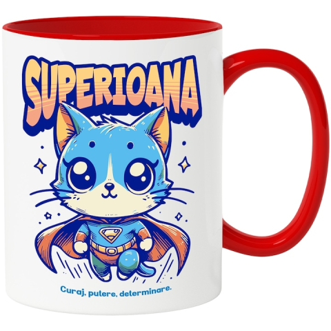 Maner Rosu - Cana Super Sefa, SuperErou, Pisica Zburand, 330ml, Ceramic cu Maner Rosu