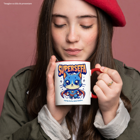 Cana Super Sefa, SuperErou, Pisica Zburand, 330ml, Ceramic cu Maner Rosu [1]