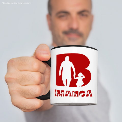 Cana Tata Si Copil, Familie, Text Nume Personalizat, Dragoste, Culoare Rosu, Cu Litera, 330ML, Ceramica, Cu Maner si Interior Negru [1]