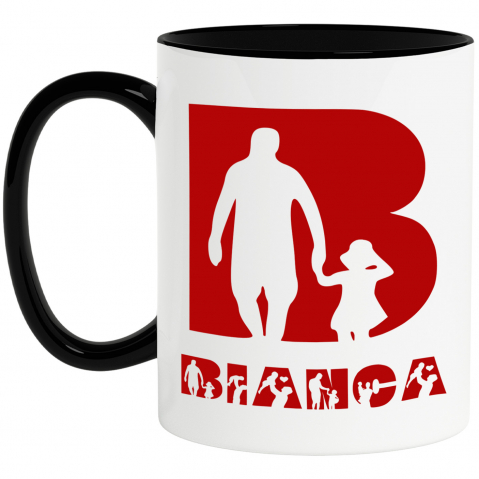 Copii - Cana Tata Si Copil, Familie, Text Nume Personalizat, Dragoste, Culoare Rosu, Cu Litera, 330ML, Ceramica, Cu Maner si Interior Negru