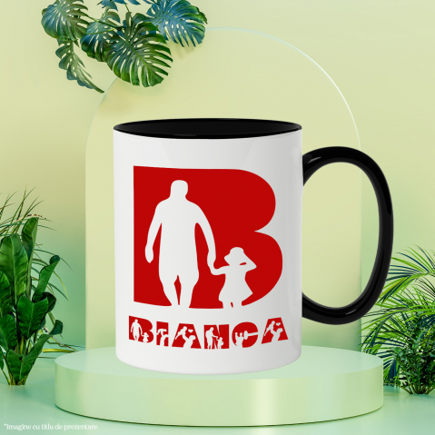 Cana Tata Si Copil, Familie, Text Nume Personalizat, Dragoste, Culoare Rosu, Cu Litera, 330ML, Ceramica, Cu Maner si Interior Negru [2]