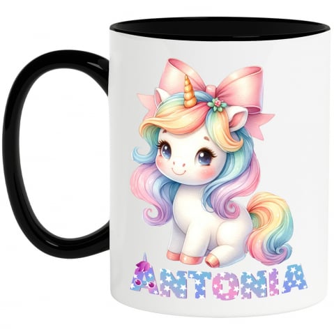 Cani Personalizate - Cana Unicorn Colorat Roz, Zi Aniversara, Cu Funda, Copii, Nume Personalizat cu Maner si Interior Negru