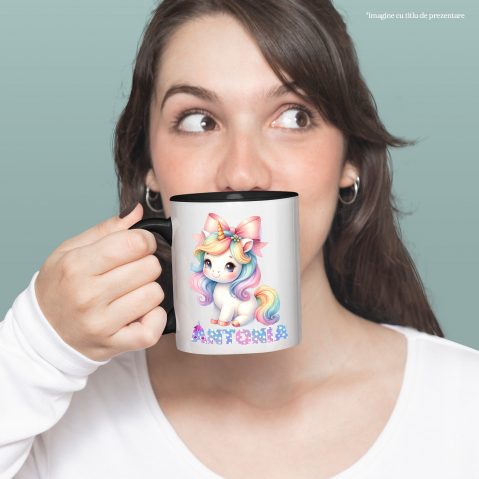 Cana Unicorn Colorat Roz, Zi Aniversara, Cu Funda, Copii, Nume Personalizat cu Maner si Interior Negru [1]
