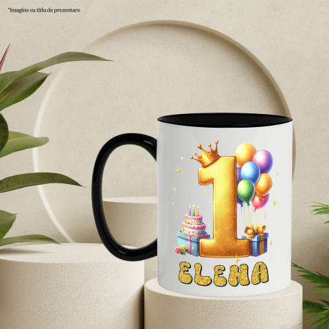 Cana Zi Aniversara, Nume Personalizat Coroana Regala, Cadouri, Tort,Copii, Cifra 1 cu Maner si Interior Negru [2]