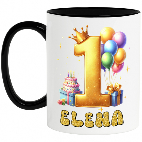 Cani Personalizate - Cana Zi Aniversara, Nume Personalizat Coroana Regala, Cadouri, Tort,Copii, Cifra 1 cu Maner si Interior Negru