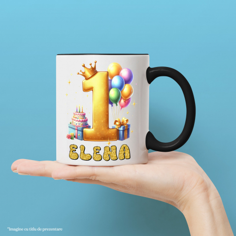 Cana Zi Aniversara, Nume Personalizat Coroana Regala, Cadouri, Tort,Copii, Cifra 1 cu Maner si Interior Negru [1]