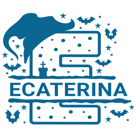 Sărbători - Sticker Adeziv Iubitorii De Hallowen, Lilieci, Palarie Vrajitoare, Text Nume Personalizat, Copii, Culoare Albastru , cu Margini Albe, PVC Vinyl, 10 CM