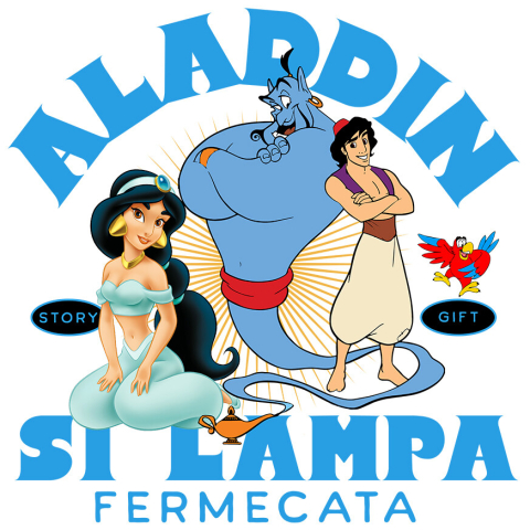 Desene Animate - Sticker Cu Aventurile lui Alladin, Jasmine si Duhul Adeziv, Vinyl,  cu Margini Albe, PVC Vinyl 