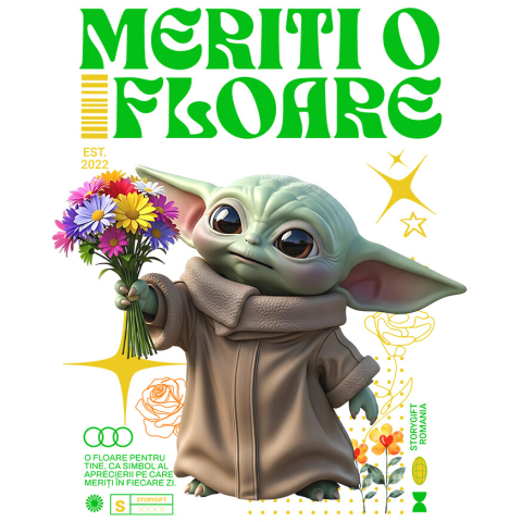 Sticker Personalizat - Sticker Cu Baby Yoda si Flori din Lumea Disney Adeziv, Vinyl,  cu Margini Albe, PVC Vinyl