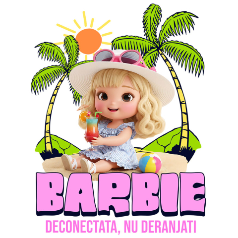 Sticker Personalizat - Sticker Cu Barbie Sub Palmieri: Soare si Mare Adeziv, Vinyl,  cu Margini Albe, PVC Vinyl
