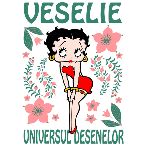 Stickere - Sticker Cu Betty Boop și Călătoria în Grădina de Flori Roz Adeziv, Vinyl,  cu Margini Albe, PVC Vinyl 