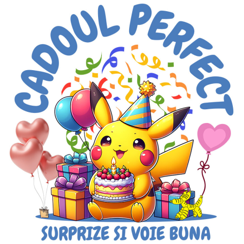 Sticker Personalizat - Sticker Cu Cadou Pikachu – Tort si Bucurie pentru Ziua de Nastere Adeziv, Vinyl,  cu Margini Albe, PVC Vinyl