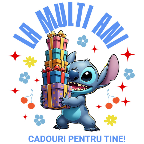 Sticker Personalizat - Sticker Cu Cadouri Tematice Stitch pentru Zi de Nastere Adeziv, Vinyl,  cu Margini Albe, PVC Vinyl