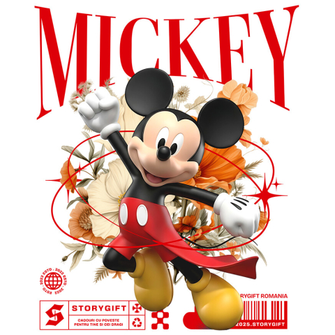Sticker Personalizat - Sticker Cu Flori Disney și Farmecul Mickey Mouse Adeziv, Vinyl,  cu Margini Albe, PVC Vinyl