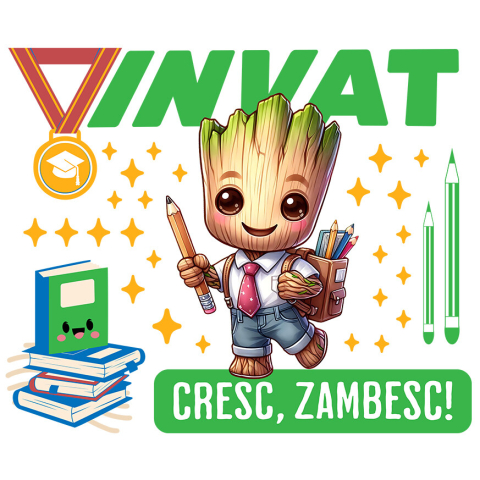 Sticker Personalizat - Sticker Cu Groot Invatam, Zambim, Ne Dezvoltam Adeziv, Vinyl,  cu Margini Albe, PVC Vinyl