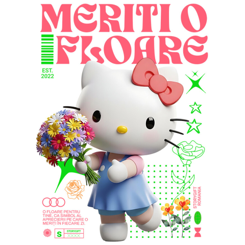 Sticker Personalizat - Sticker Cu Hello Kitty - Flori din Lumea Disney Adeziv, Vinyl,  cu Margini Albe, PVC Vinyl