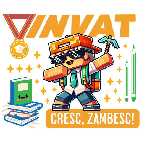 Sticker Personalizat - Sticker Cu Invatam Si Ne Dezvoltam In Lumea Minecraft Adeziv, Vinyl,  cu Margini Albe, PVC Vinyl