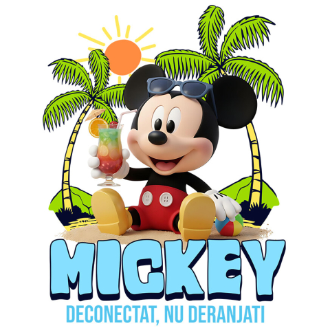 Sticker Personalizat - Sticker Cu Mickey Mouse la Plaja – Soare si Palmieri Adeziv, Vinyl,  cu Margini Albe, PVC Vinyl