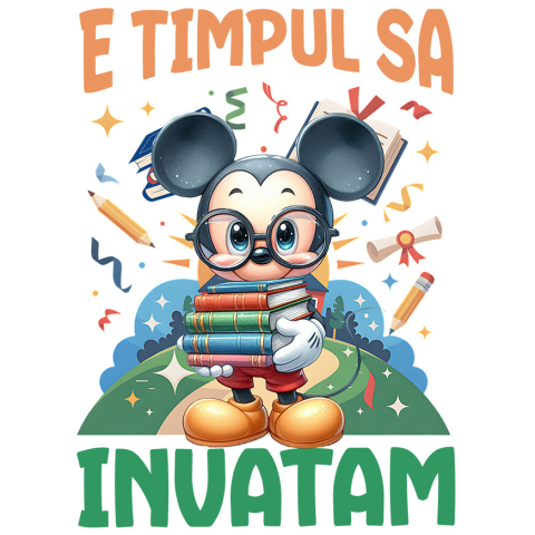 Sticker Personalizat - Sticker Cu Mickey Sub Soare: Invata si Zambeste Adeziv, Vinyl,  cu Margini Albe, PVC Vinyl