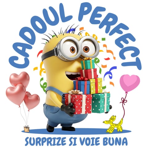 Sticker Personalizat - Sticker Cu Minions Sarbatoreste cu Inima si Distractie Adeziv, Vinyl,  cu Margini Albe, PVC Vinyl