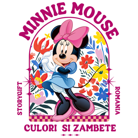 Sticker Personalizat - Sticker Cu Minnie și câmpul de flori colorate Adeziv, Vinyl,  cu Margini Albe, PVC Vinyl
