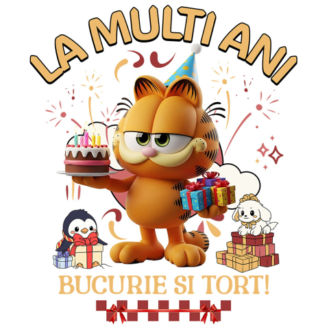Sticker Personalizat - Sticker Cu Sarbatorește cu Garfield – Cadouri și Tort pentru Copii Adeziv, Vinyl,  cu Margini Albe, PVC Vinyl