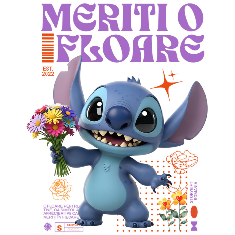 Sticker Personalizat - Sticker Cu Stitch - Flori Speciale din Lumea Disney Adeziv, Vinyl,  cu Margini Albe, PVC Vinyl