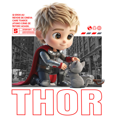 Sticker Personalizat - Sticker Cu Thor si Pisicuta – Aventura Legendară Adeziv, Vinyl,  cu Margini Albe, PVC Vinyl