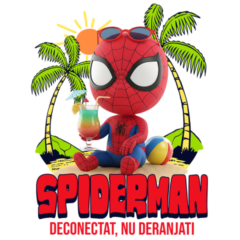 Sticker Personalizat - Sticker Cu Vacanta cu Spiderman: Zile la Mare si Palmieri Adeziv, Vinyl,  cu Margini Albe, PVC Vinyl