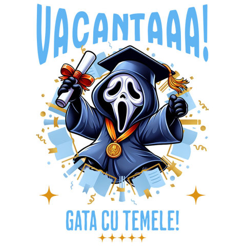 Sticker Personalizat - Sticker Cu Vacanta Terifianta cu Scream si Diplome Adeziv, Vinyl,  cu Margini Albe, PVC Vinyl