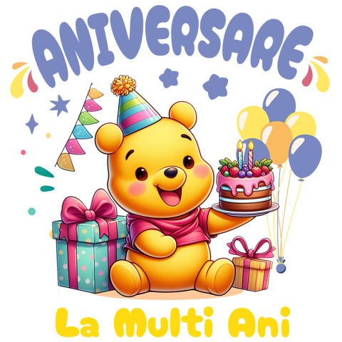 Sticker Personalizat - Sticker Cu Winnie Aniversare – Cadouri pentru Zambete si Imbratisari Adeziv, Vinyl,  cu Margini Albe, PVC Vinyl