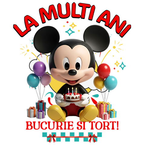 Sticker Personalizat - Sticker Cu Zi de Nastere cu Mickey Mouse – Zambete si Bucurie Adeziv, Vinyl,  cu Margini Albe, PVC Vinyl
