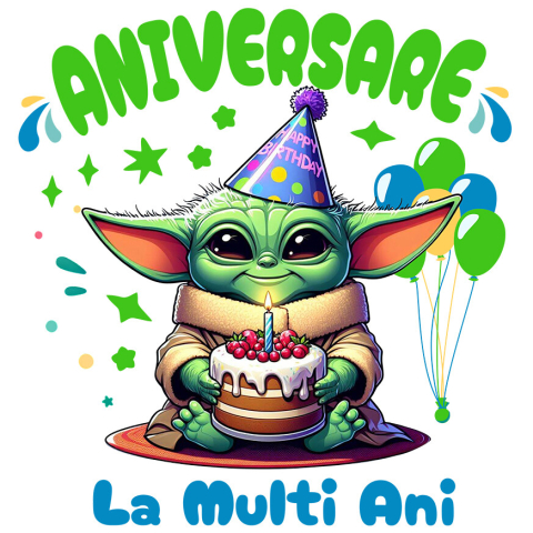 Sticker Personalizat - Sticker Cu Zi de Nastere Magica cu Baby Yoda Adeziv, Vinyl,  cu Margini Albe, PVC Vinyl